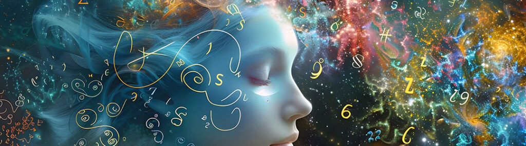 Find your Lucky Numbers. Numerology reading with glowing numbers and cosmic spiritual background
